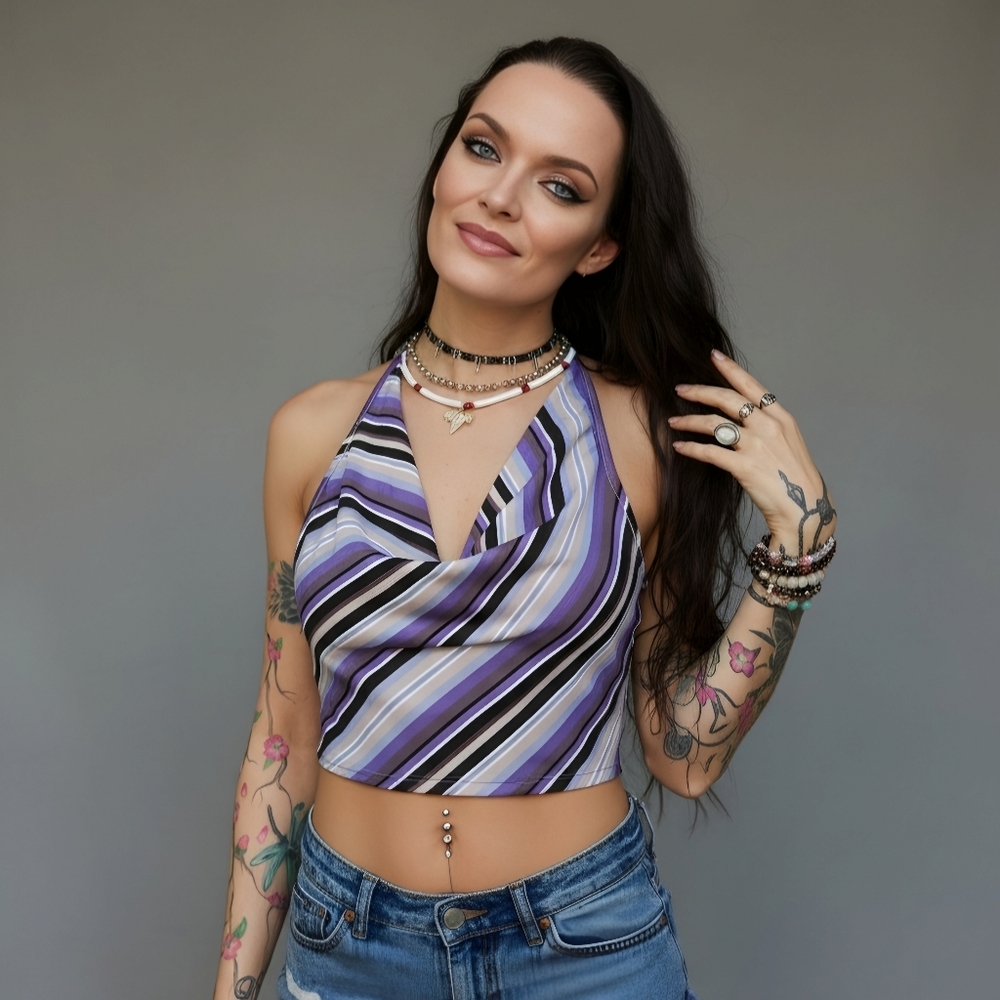 Beige Botany ✦ Multicolor Striped Halter Crop Top ✦ Draped Tie‑Back Open‑Back S